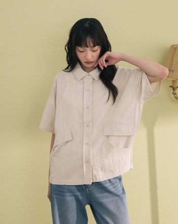 ➤造型口袋廓型短袖襯衫(兩色)