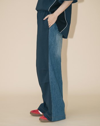 A｜異材質拼接立體打褶抽繩牛仔寬褲(兩色)