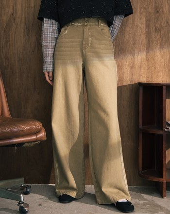 A｜復古風線條刷色水洗牛仔寬褲(兩色)