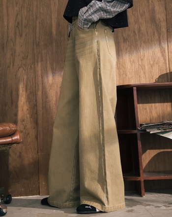 A｜復古風線條刷色水洗牛仔寬褲(兩色)