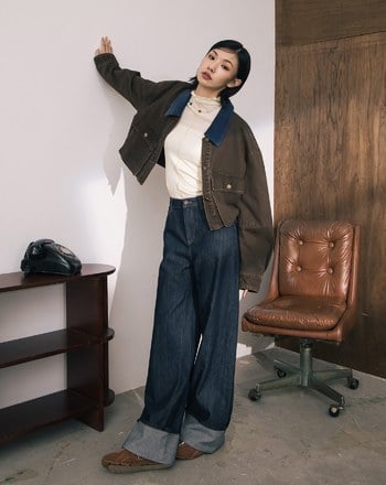 A｜大反折品牌標語繡花天絲水洗牛仔寬褲