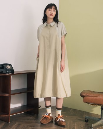 異材質拼接下擺抽繩短袖洋裝(兩色)