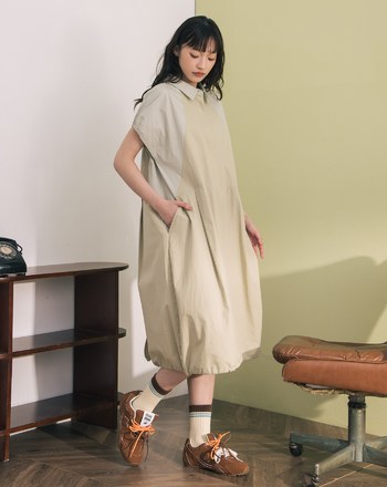 異材質拼接下擺抽繩短袖洋裝(兩色)