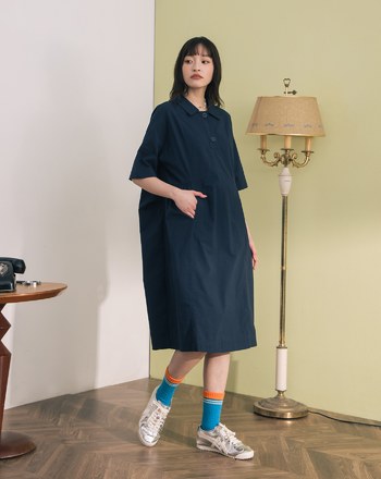 ➤顯瘦抓褶半開襟短袖洋裝(兩色)