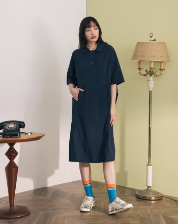 ➤顯瘦抓褶半開襟短袖洋裝(兩色)