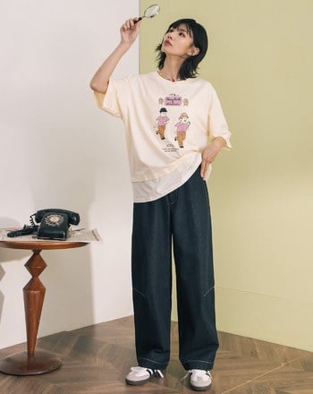 偵探人物塗鴉造型假兩件涼感T恤(兩色)