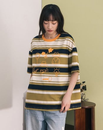 手繪小物繡花撞色條紋T恤(兩色)