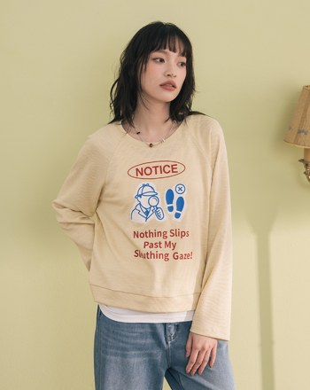 偵探圖騰印花配色拼接長袖T恤(兩色)