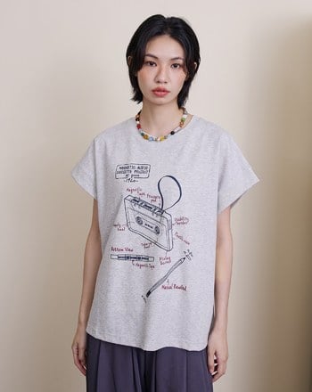 復古錄音帶連袖長版涼感上衣(兩色)
