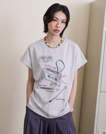 復古錄音帶連袖長版涼感上衣(兩色)