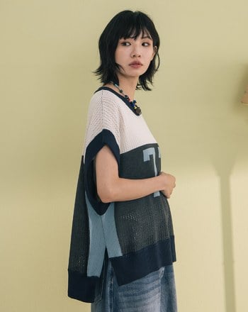 數字撞色拼接廓型針織背心(兩色)