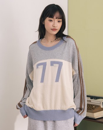 數字撞色拼接針織長袖上衣(兩色)