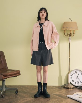 ➤配色壓線口袋撞色刺繡襯衫外套(兩色)