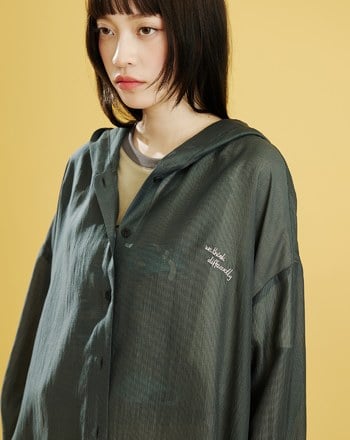 ➤刺繡天絲透膚長版連帽襯衫