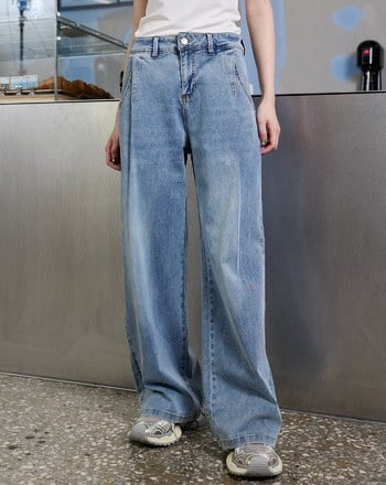 ◢3.0 零著感Q彈打褶牛仔寬褲(淺藍)