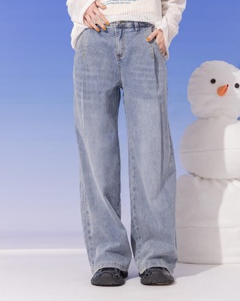 ◢3.0 零著感Q彈打褶牛仔寬褲(淺藍)