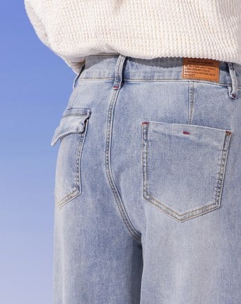 ◢3.0 零著感Q彈打褶牛仔寬褲(淺藍)