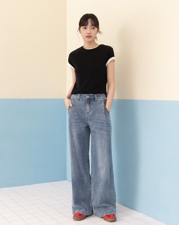 ◢3.0 零著感Q彈打褶牛仔寬褲(淺藍)