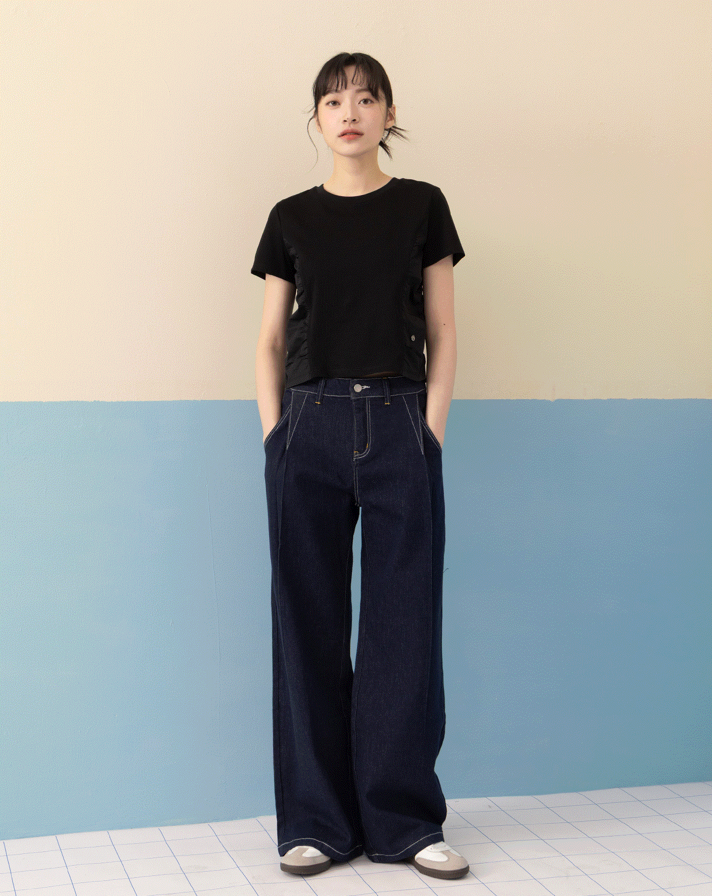 ◢3.0 零著感Q彈打褶牛仔寬褲(深藍)