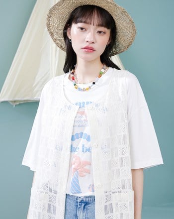 棉質蕾絲開襟外罩背心洋裝(兩色)