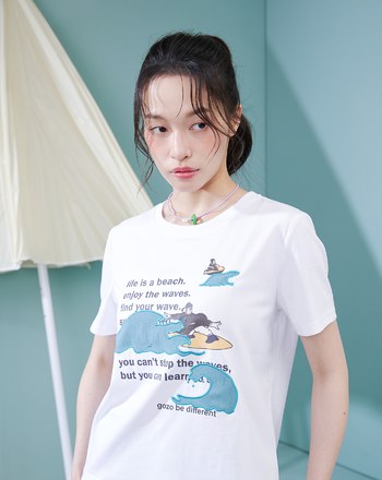 古人衝浪中貼布繡花涼感T恤(兩色)