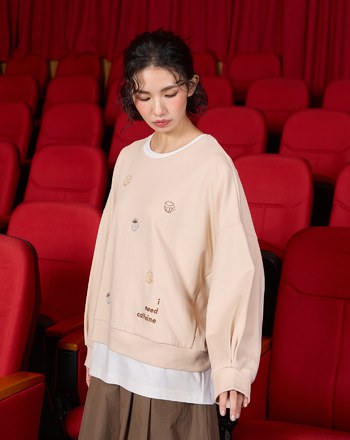 ➤咖啡繡花落肩寬鬆大學T(兩色)