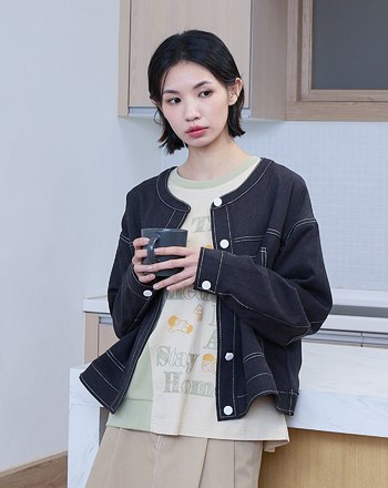 g字繡花壓線圓領開襟外套(兩色)