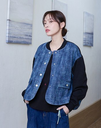 雪花牛仔拼接針織棒球外套(兩色)