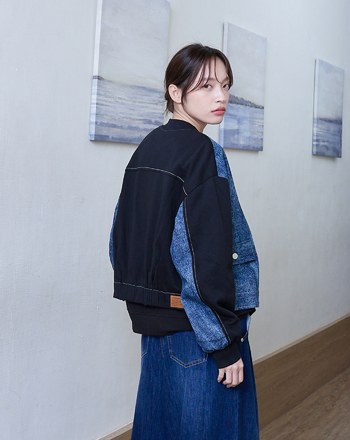 雪花牛仔拼接針織棒球外套(兩色)