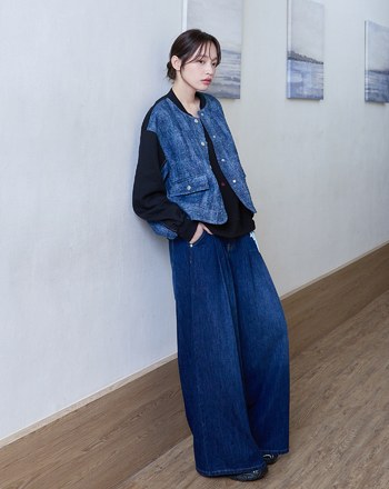 雪花牛仔拼接針織棒球外套(兩色)