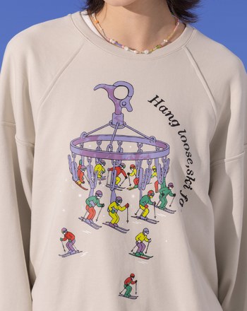 ➤發熱曬衣夾造型滑雪纜車印花大學T(兩色)