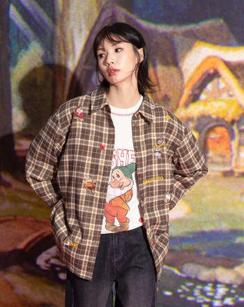 迪士尼系列 小矮人繡花復古格紋長袖襯衫(兩色)