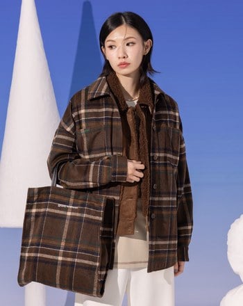 復古格紋毛呢長袖襯衫