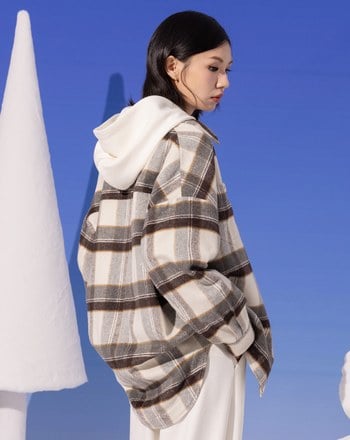 復古格紋羊毛毛呢長袖襯衫