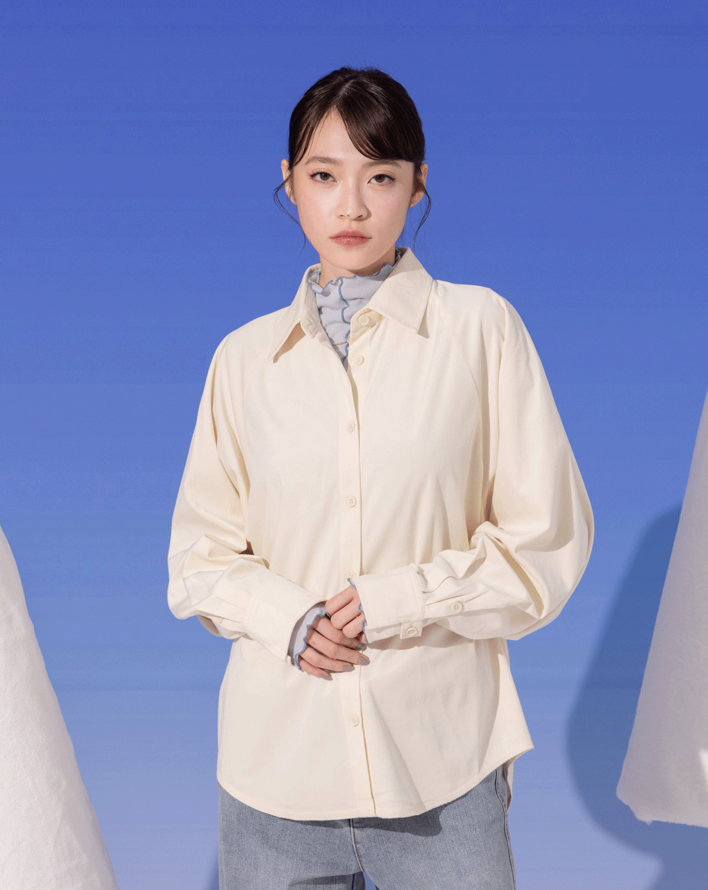 燈芯絨立體褶造型長袖襯衫