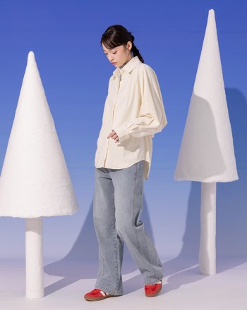 燈芯絨立體褶造型長袖襯衫