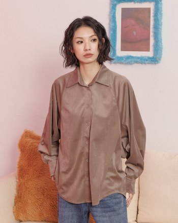 燈芯絨立體褶造型長袖襯衫