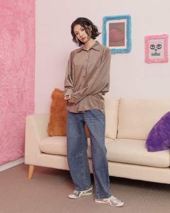 燈芯絨立體褶造型長袖襯衫