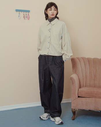 仿麂皮跳色造型廓型長袖襯衫(兩色)