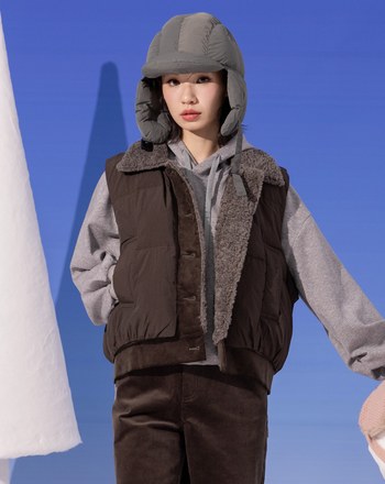 仿羊毛領條絨拼接鋪棉背心(兩色)