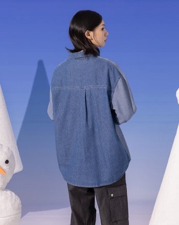 ➤水洗牛仔拼接長袖襯衫(兩色)