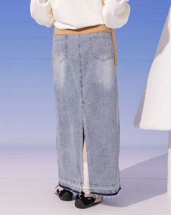 A｜顯瘦異材質拼接水洗牛仔長裙(兩色)