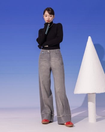 ◢shadow修容雙色拼接牛仔寬褲(兩色)