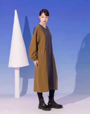 拼色立體織紋抽繩洋裝(兩色)