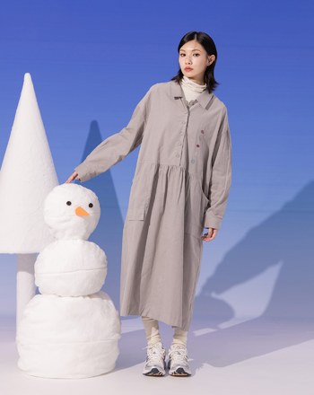 ➤洗滌小標半開襟條絨長袖洋裝(兩色)