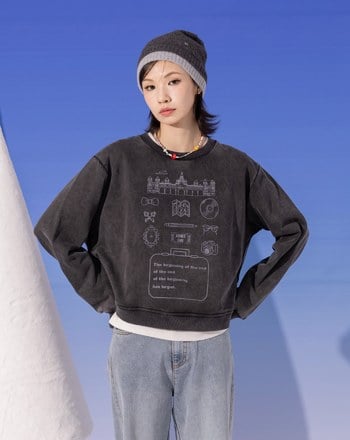 線條圖案印花洗舊感純棉大學T