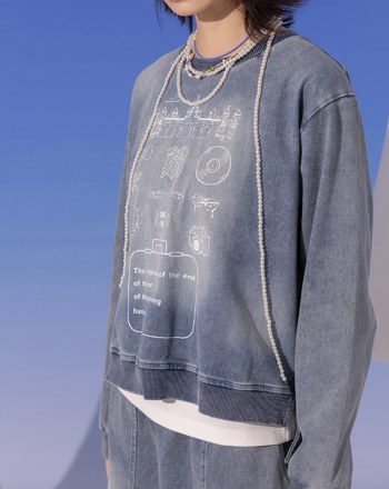 線條圖案印花水洗牛仔大學T