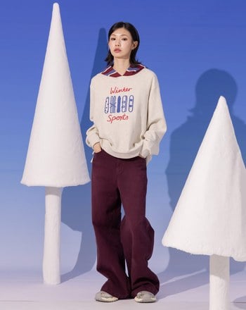 滑雪板繡花拼接條紋針織帽T(兩色)