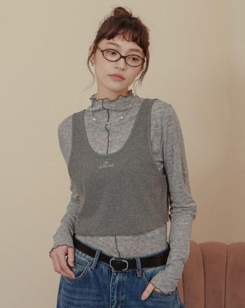 緹花背心木耳邊透膚內搭兩件式上衣(兩色)