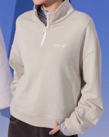 造型半開襟拉鍊側口袋短版上衣(兩色)